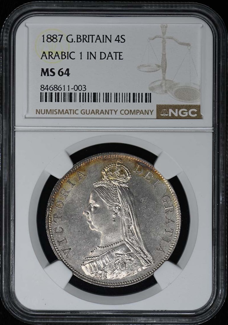 1887 United Kingdom Four Shillings NGC MS64 Arabic 1 Variety: 1887 United Kingdom Four Shillings NGC MS64 Arabic 1 Variety This 1887 Great Britain coin features the Arabic numeral '1' in the date and has been certified by NGC with a grade of MS64. The coin is un