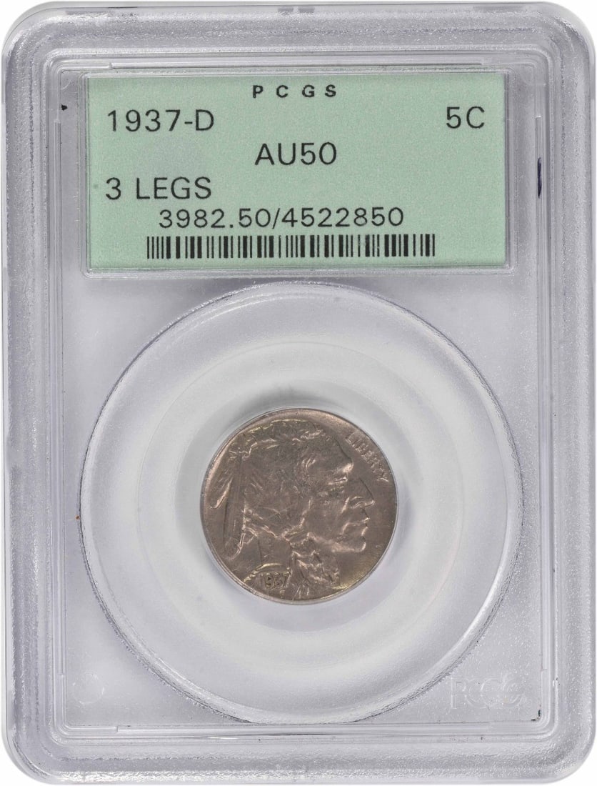 PCGS AU50 1937 D Buffalo 5C Nickel: PCGS AU50 1937 D Buffalo 5C Nickel This is a 1937-D Buffalo Nickel featuring the notable 3 Legs variety. Graded AU50 by PCGS, this circulated coin is composed of nickel and was minted in Denver. It re