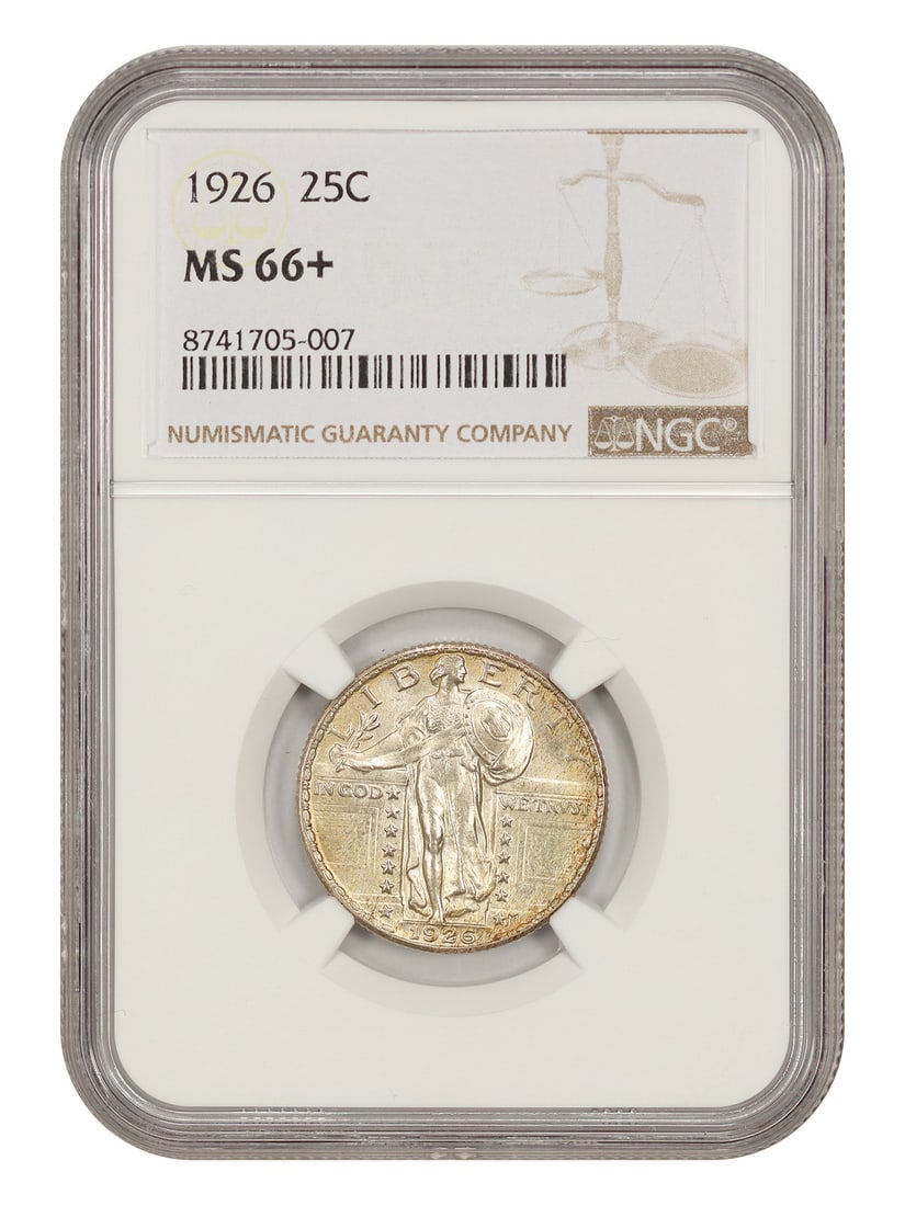 NGC MS66+ 1926 Standing Liberty Quarter 25C Philadelphia: NGC MS66+ 1926 Standing Liberty Quarter 25C Philadelphia 1926 Standing Liberty Quarter certified by NGC as MS66+. This uncirculated example features light, honeyed pear color with tactile satin luster