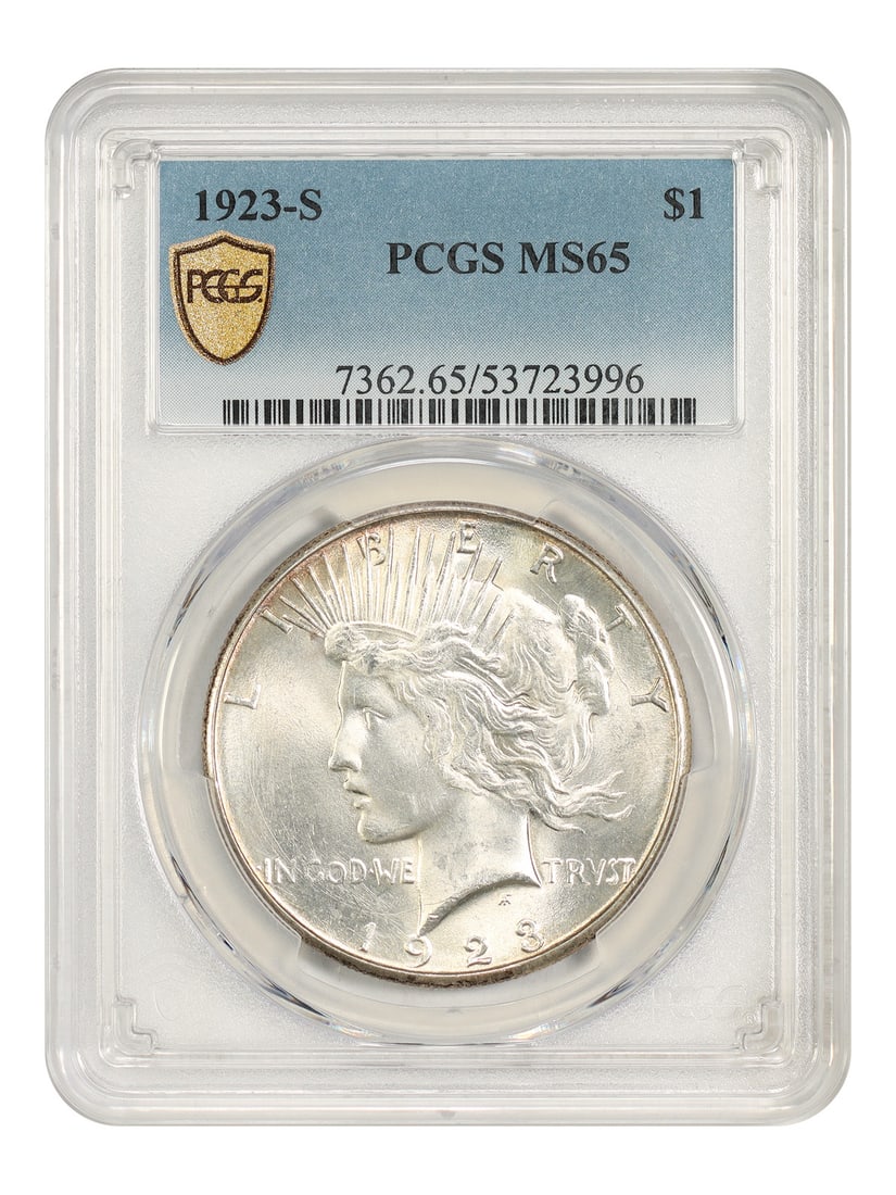 PCGS MS65 1923-S Peace Dollar with Reverse Toning: PCGS MS65 1923-S Peace Dollar with Reverse Toning 1923-S Peace Dollar certified by PCGS in MS65. This uncirculated coin features a soft satin silver obverse and deep turquoise and cerulean reverse ton