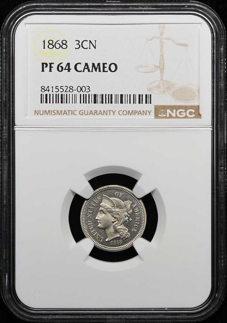 NGC PR64CAM 1868 Proof Three Cent Nickel 3CN: NGC PR64CAM 1868 Proof Three Cent Nickel 3CN 1868 Three Cent Nickel proof coin graded PR64CAM by NGC. This pre-owned United States coin is an uncirculated proof issue with cameo designation. Specifica