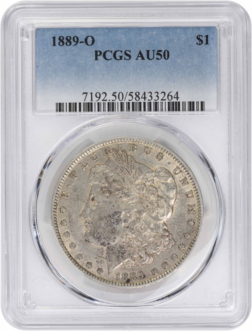 PCGS AU50 1889 O Morgan Dollar 90 Silver New Orleans Mint: PCGS AU50 1889 O Morgan Dollar 90 Silver New Orleans Mint This 1889-O Morgan Silver Dollar is graded AU50 by PCGS and was minted in New Orleans. Composed of 90% silver and 10% copper, the coin feature