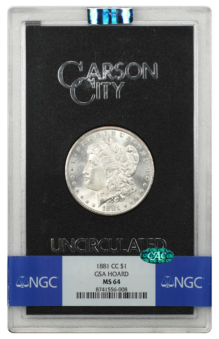 1881 Carson City Morgan Dollar $1 GSA NGC MS64 CAC: 1881 Carson City Morgan Dollar $1 GSA NGC MS64 CAC 1881-CC Morgan Dollar GSA issue housed in the original hard case and graded MS64 by NGC with CAC approval. This uncirculated Carson City dollar is a 