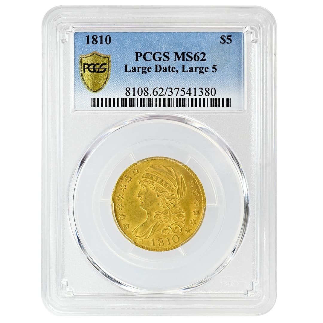 PCGS MS62 1810 Capped Bust Half Eagle $5 Gold Large Date Large 5: PCGS MS62 1810 Capped Bust Half Eagle $5 Gold Large Date Large 5 1810 $5 Capped Bust Half Eagle, Large Date Large 5, certified PCGS MS62. This United States gold coin features John Reich's Capped Bust