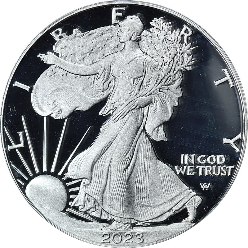 PCGS PR70 DCAM 2023-W Silver American Eagle Dollar 1st Strike: PCGS PR70 DCAM 2023-W Silver American Eagle Dollar 1st Strike Original 2023-W Silver American Eagle $1 certified by PCGS and graded PR70 DCAM. This uncirculated coin is a 1st Strike example with a Mag