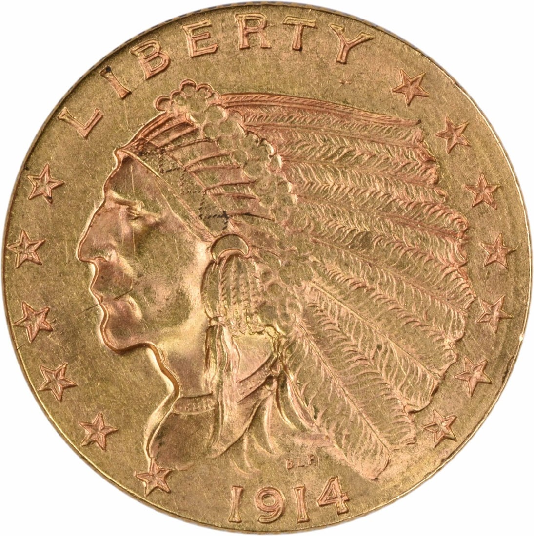 1914 Denver $2.50 Indian Head Gold Coin AU Uncertified United States: 1914 Denver $2.50 Indian Head Gold Coin AU Uncertified United States This is a 1914-D $2.50 Gold Indian coin from the Denver Mint. Designed by Bela Lyon Pratt, this pre-1933 United States coin is comp