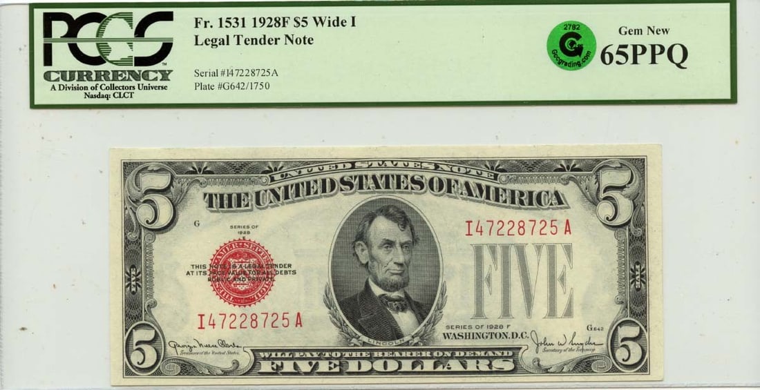 1928 $5 Legal Tender Note FR1531 Wide I PMG MS65 Uncirculated: 1928 $5 Legal Tender Note FR1531 Wide I PMG MS65 Uncirculated This is a 1928 Series $5 Legal Tender Note, FR#1531, graded MS65 and certified by PMG. The note is uncirculated and originates from the Un