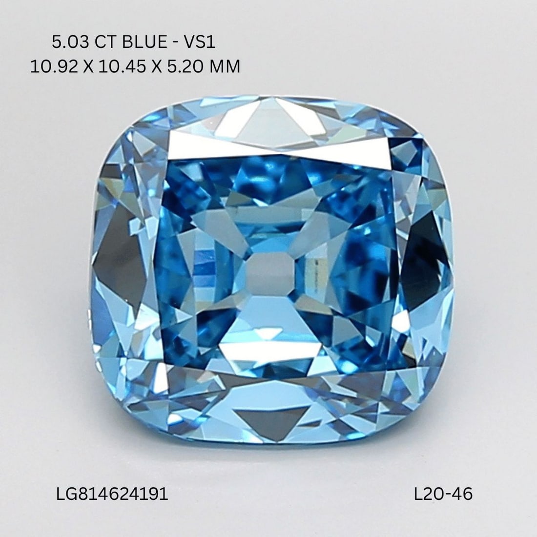 Loose Diamond - CUSHION MODIFIED 5.03ct Fancy Vivid Blue VS1: Loose Diamond - CUSHION MODIFIED 5.03ct Fancy Vivid Blue VS1 Source: This is a real non-mined Diamond that has been grown in a lab Shape: CUSHION MODIFIED Carats: 5.03 Color: Fancy Vivid Blue Certific