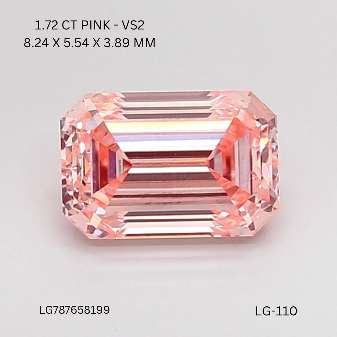 Loose Diamond - EMERALD 1.72ct Fancy Intense Pink VS2: Loose Diamond - EMERALD 1.72ct Fancy Intense Pink VS2 Source: This is a real non-mined Diamond that has been grown in a lab Shape: EMERALD Carats: 1.72 Color: Fancy Intense Pink Certification: IGI Vid