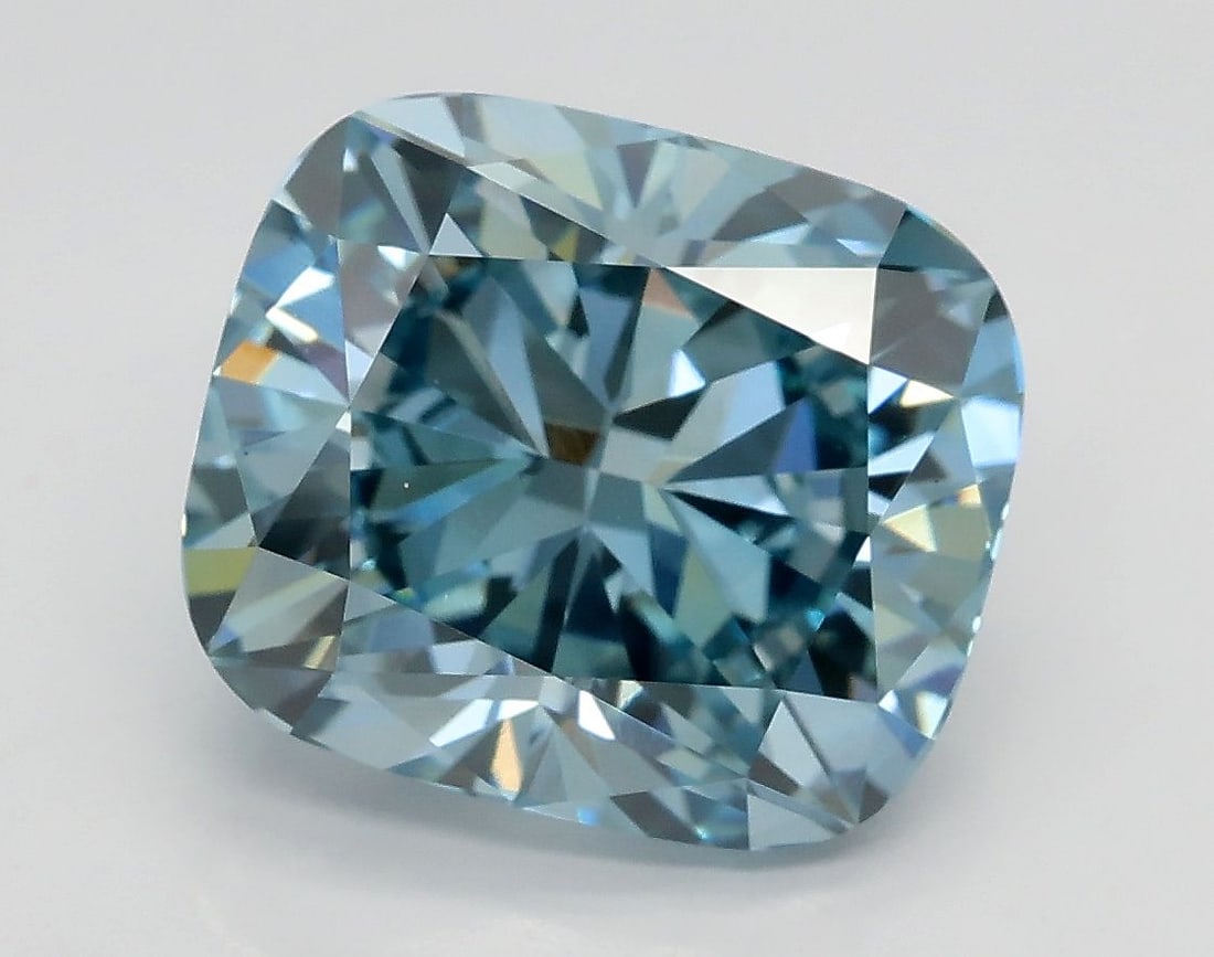 Loose Diamond - CUSHION BRILLIANT 4.13ct Fancy Vivid Greenish Blue VS1: Loose Diamond - CUSHION BRILLIANT 4.13ct Fancy Vivid Greenish Blue VS1 Source: This is a real non-mined Diamond that has been grown in a lab Shape: CUSHION BRILLIANT Carats: 4.13 Color: Fancy Vivid
