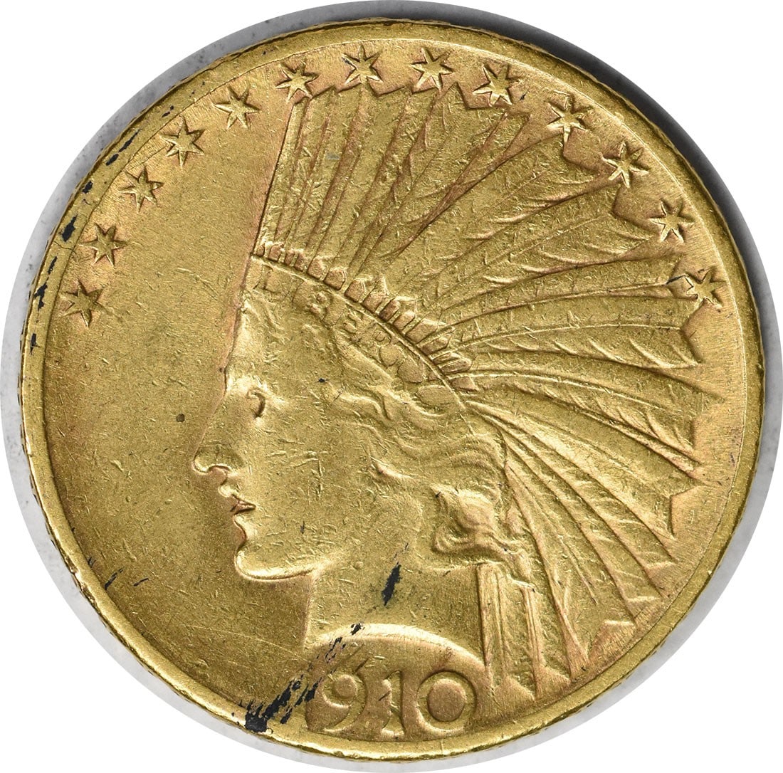 1910-S $10 Gold Indian Coin by Augustus Saint Gaudens: 1910-S $10 Gold Indian Coin by Augustus Saint Gaudens This 1910-S $10 Gold Indian coin showcases a stunning design by Augustus Saint Gaudens, celebrated for its intricate details and historical signif