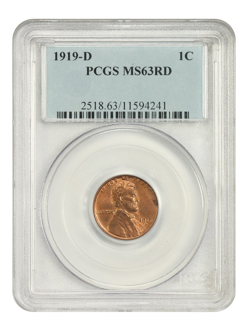 PCGS MS63RD 1919-D Lincoln Wheat Cent Full Red Better Date: PCGS MS63RD 1919-D Lincoln Wheat Cent Full Red Better Date 1919-D Lincoln Cent with Wheat Reverse, certified by PCGS as MS63RD. This better date coin is an uncirculated pre-owned example with full red