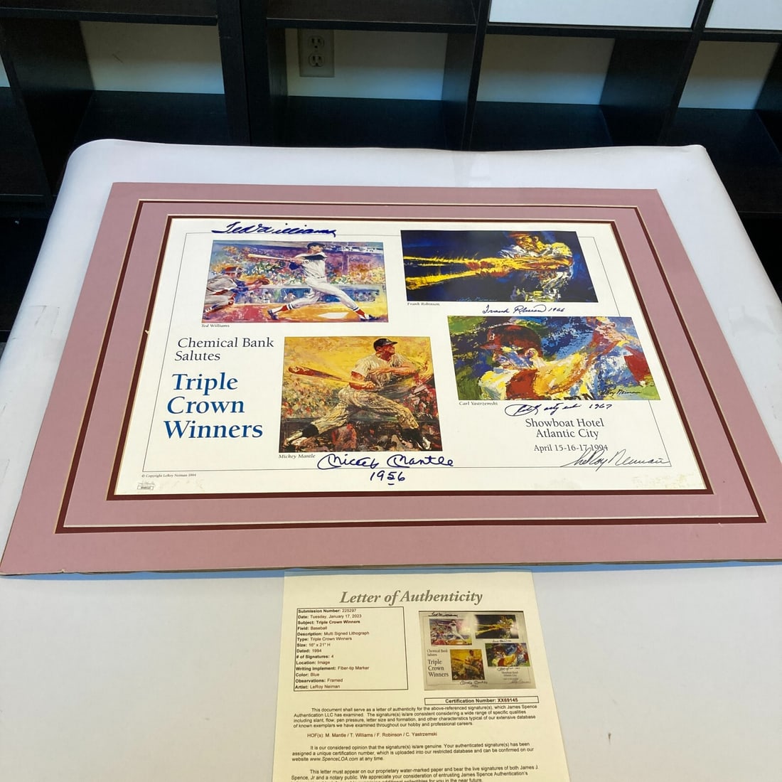 Mickey Mantle Ted Williams Signed Neiman Triple Crown Poster JSA 16x20: Mickey Mantle Ted Williams Signed Neiman Triple Crown Poster JSA 16x20 Celebrate baseball history with this original 16x20 poster from the 1994 Triple Crown Show, featuring the legendary signatures of
