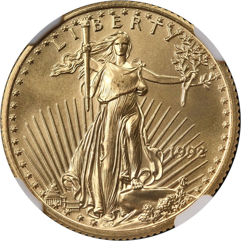1992 American Eagle $10 Gold Coin NGC MS68: 1992 American Eagle $10 Gold Coin NGC MS68 This is an original 1992 Gold American Eagle $10 coin, certified by NGC with a grade of MS68. The coin features strong eye appeal, attractive luster, and a w