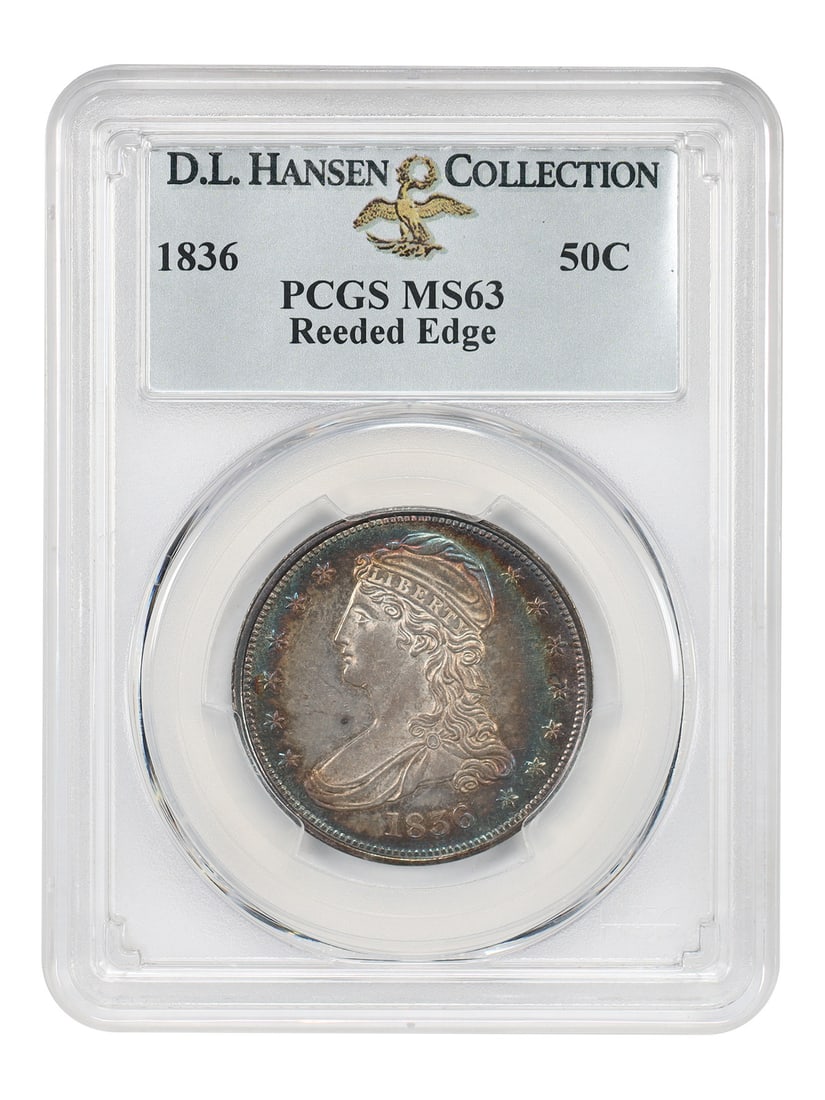 PCGS MS63 1836 Capped Bust Half Dollar Reeded Edge ex D.L. Hansen: PCGS MS63 1836 Capped Bust Half Dollar Reeded Edge ex D.L. Hansen 1836 Capped Bust Half Dollar with reeded edge, graded PCGS MS63 and offered ex: D.L. Hansen. This uncirculated example represents the 