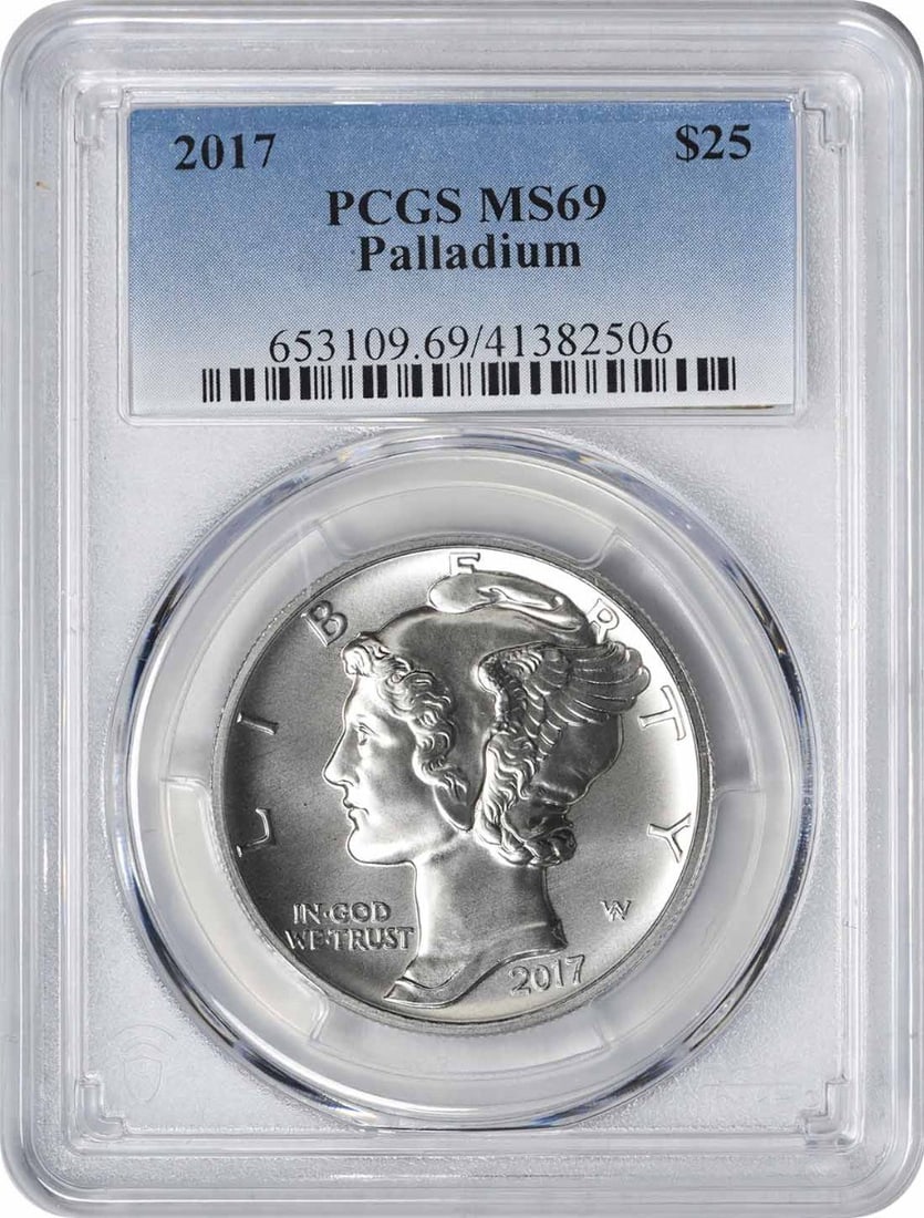 PCGS MS69 2017 Palladium Eagle 1 oz $25 Coin: PCGS MS69 2017 Palladium Eagle 1 oz $25 Coin This 2017 $25 American Palladium Eagle coin contains 1 ounce of .9995 fine palladium and was struck at the Philadelphia Mint. Designed by Adolph Alexander 