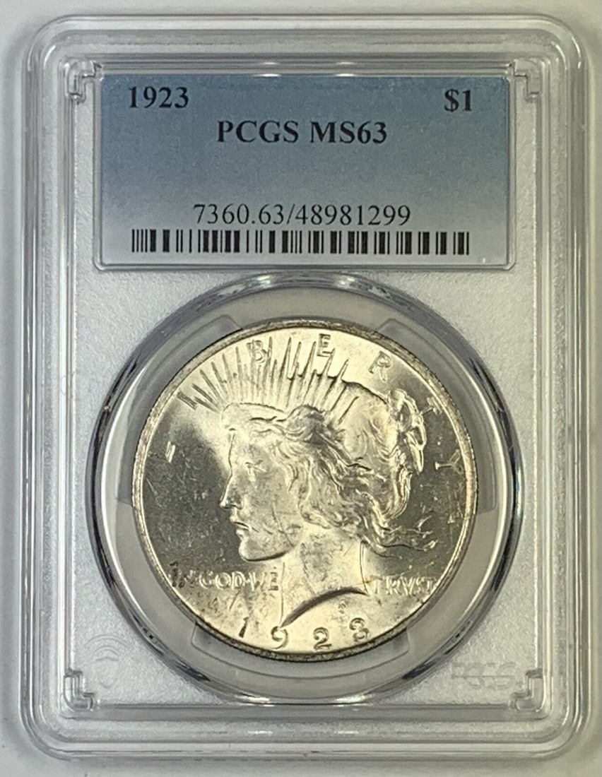 PCGS MS 63 1923 Peace Silver Dollar Certified Uncirculated Coin: PCGS MS 63 1923 Peace Silver Dollar Certified Uncirculated Coin This is a 1923 Peace Silver Dollar coin from the United States, featuring a denomination of $1. The coin is uncirculated and has been gr