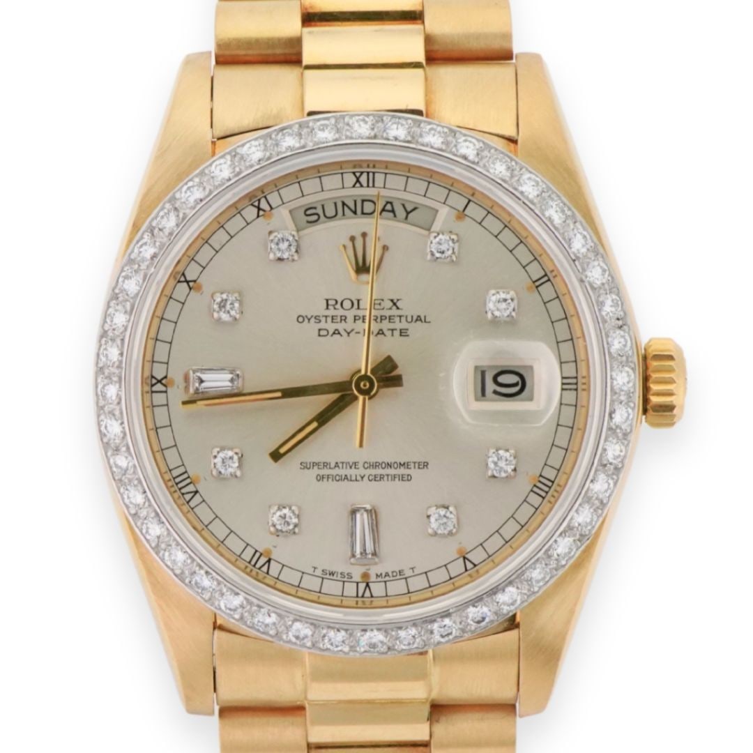18k Yellow Gold Rolex President Day-Date 36mm Diamond Bezel: 18k Yellow Gold Rolex President Day-Date 36mm Diamond Bezel This Rolex President Day-Date is a vintage men's wristwatch crafted in 18K yellow gold, reference 18048, produced in 1979. The 36mm round ca