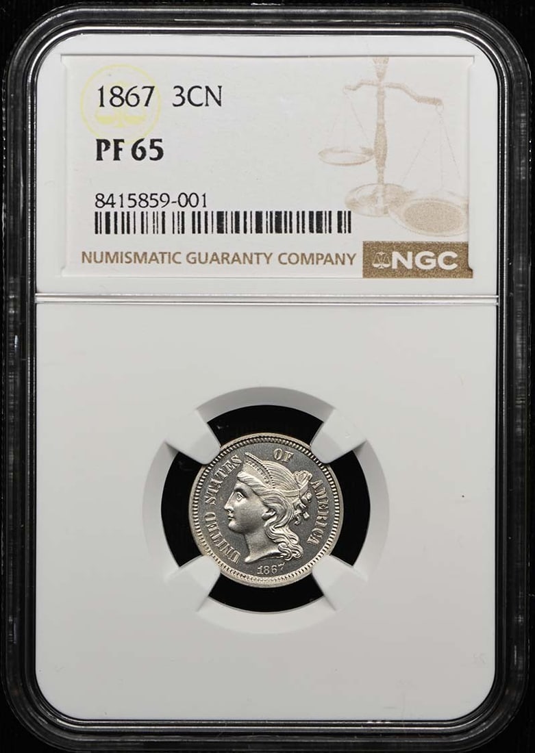 NGC PR65 1867 Proof Three Cent Nickel Coin: NGC PR65 1867 Proof Three Cent Nickel Coin 1867 Three Cent Piece, Copper Nickel 3CN, graded PR65 by NGC. This proof strike coin is an uncirculated pre-owned example of a United States Three Cent Nicke