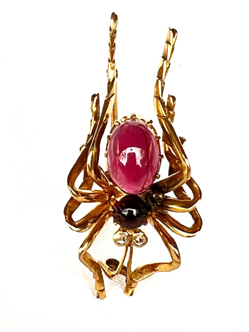 French 14k Gold Spider Brooch with Diamonds and Garnets (1 of 10)