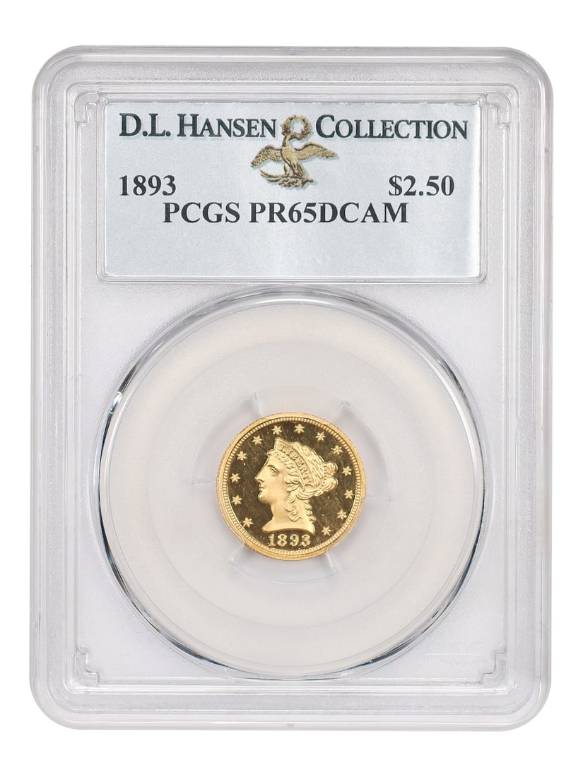 1893 Liberty Head Quarter Eagle $2.50 PCGS PR65DCAM ex D.L. Hansen: 1893 Liberty Head Quarter Eagle $2.50 PCGS PR65DCAM ex D.L. Hansen 1893 Liberty Head $2.5 proof gold coin certified by PCGS as PR65DCAM. From a mintage of just 106 coins, this issue saw exceptional pr