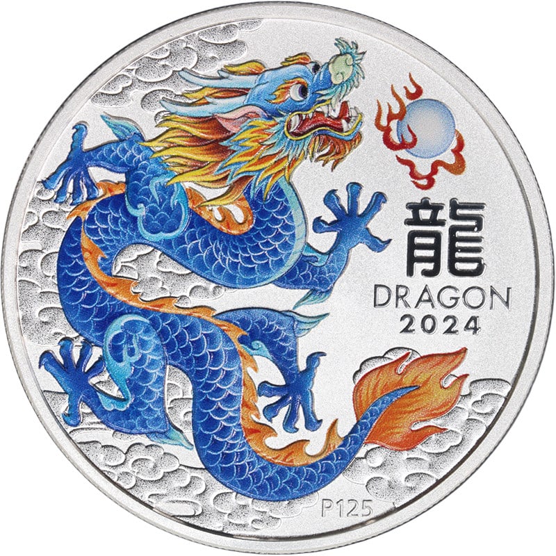 Australia 2024 Year of the Dragon Blue Colorized 1 oz .999 Silver Dollar: Australia 2024 Year of the Dragon Blue Colorized 1 oz .999 Silver Dollar 2024 Australia Year of the Dragon colorized Lunar $1 coin struck in 1 ounce of .999 silver. This uncirculated stock coin comes 