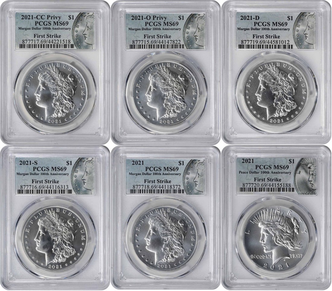 PCGS MS69 2021 Morgan Peace Silver Dollars 6-Coin Special Label Set: PCGS MS69 2021 Morgan Peace Silver Dollars 6-Coin Special Label Set This 2021 Morgan and Peace Silver Dollar set includes six uncirculated coins, each graded MS69 by PCGS and featuring a special label
