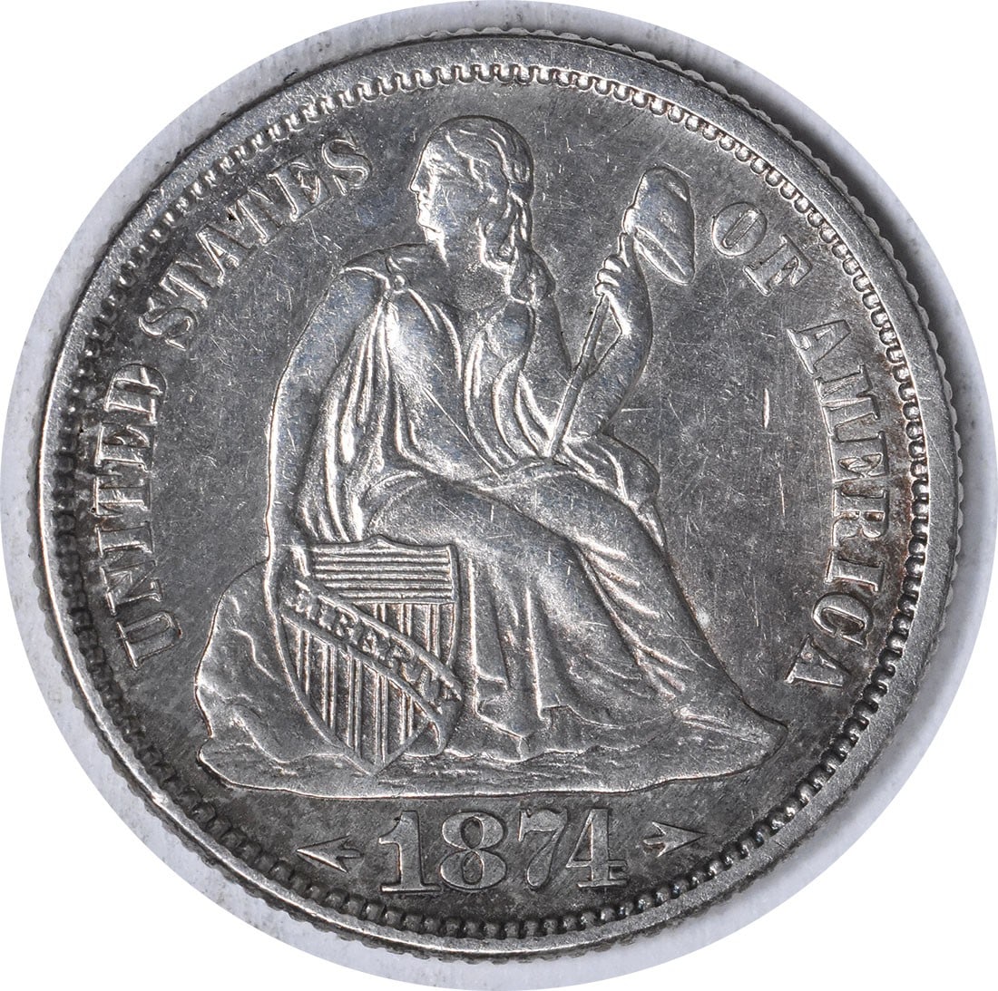 1874 Liberty Seated Dime 90% Silver AU Uncertified Philadelphia Mint: 1874 Liberty Seated Dime 90% Silver AU Uncertified Philadelphia Mint This 1874 Liberty Seated Silver Dime is a remarkable piece of numismatic history. Featuring a beautiful design by Christian Gobrech
