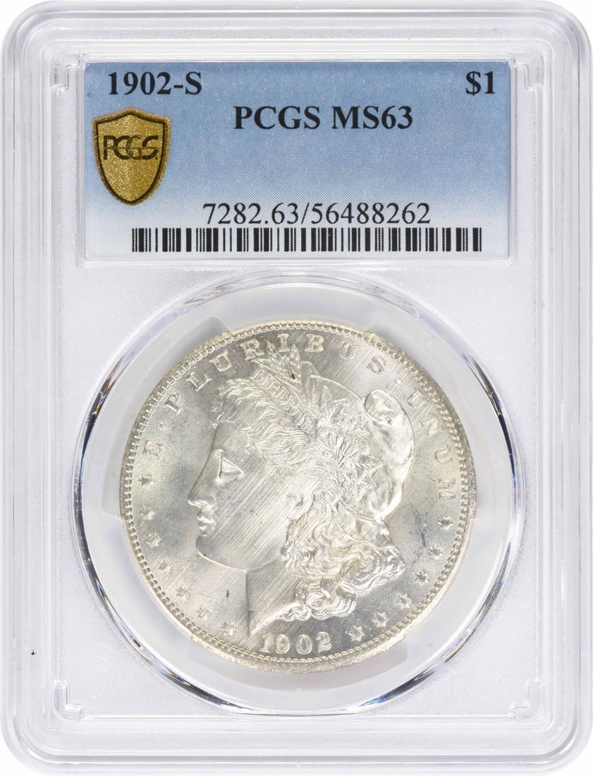 PCGS MS63 1902 S Morgan Silver Dollar $1: PCGS MS63 1902 S Morgan Silver Dollar $1 1902-S Morgan Silver Dollar graded MS63 by PCGS. This uncirculated United States $1 coin features the classic Morgan design and is composed of 90% silver and 1