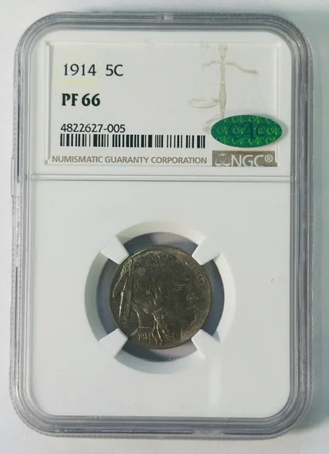 1914 Proof Buffalo Nickel NGC PF 66 CAC Rainbow Toned: 1914 Proof Buffalo Nickel NGC PF 66 CAC Rainbow Toned This 1914 Buffalo Nickel is a proof coin graded PF 66 by NGC and certified by CAC. It features attractive rainbow toning and is composed of nickel