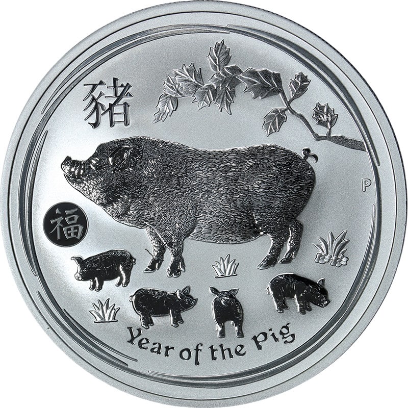 Australia 2019 1 oz .999 Silver Lunar Series II Pig Coin FU Privy: Australia 2019 1 oz .999 Silver Lunar Series II Pig Coin FU Privy Original 2019 Australia 1 ounce silver Year of the Pig coin from Lunar Series 2 with FU Privy. This uncirculated coin is a pre-owned s