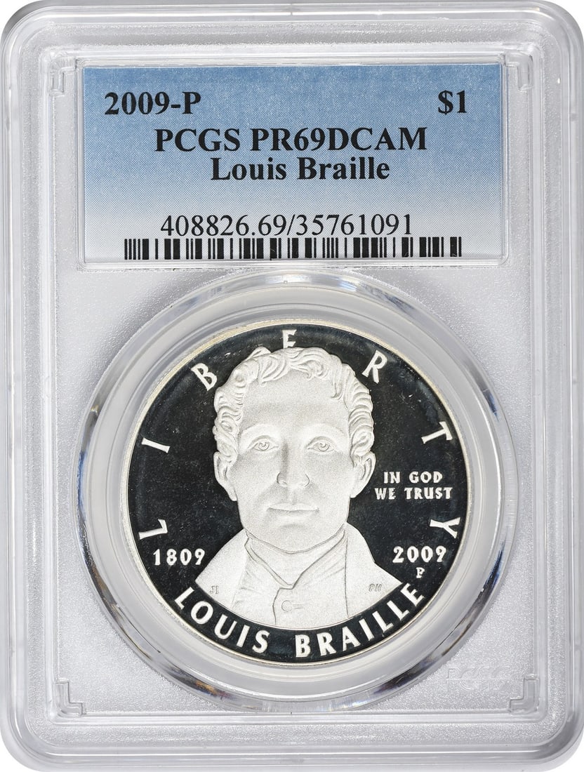 PCGS PR69DCAM 2009 P Louis Braille silver commemorative dollar: PCGS PR69DCAM 2009 P Louis Braille silver commemorative dollar This 2009-P Louis Braille Silver Commemorative Dollar is a proof coin graded PR69 Deep Cameo by PCGS. Issued by the United States Mint, t