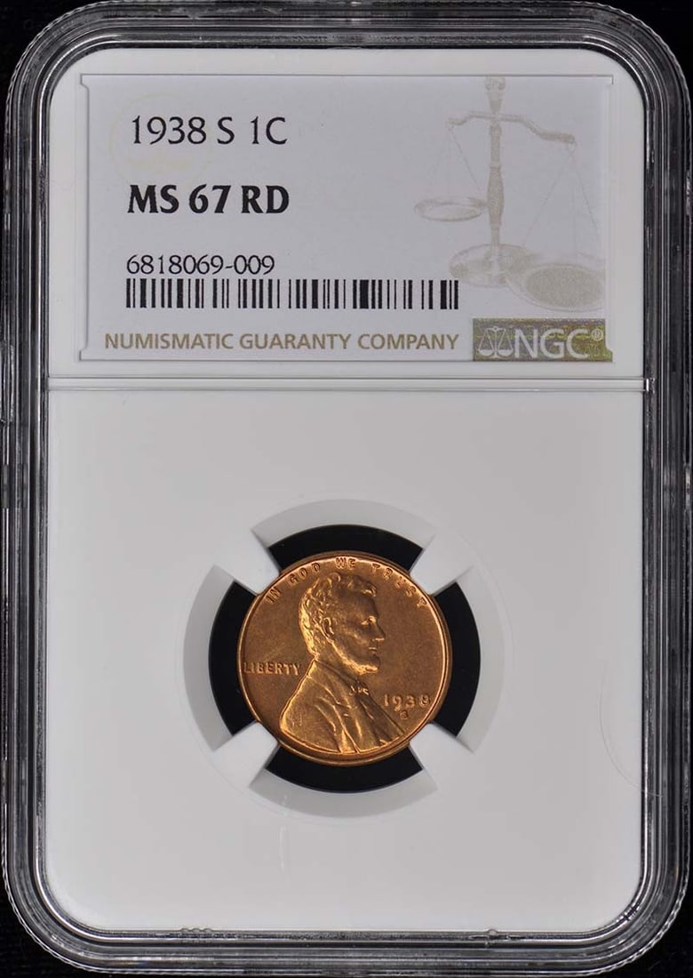 1938-S NGC MS67RD Wheat Reverse Lincoln Cent Uncirculated: 1938-S NGC MS67RD Wheat Reverse Lincoln Cent Uncirculated This 1938-S Wheat Reverse Lincoln Cent is a remarkable coin, certified by NGC with a grade of MS67RD. With its striking red finish, this uncir