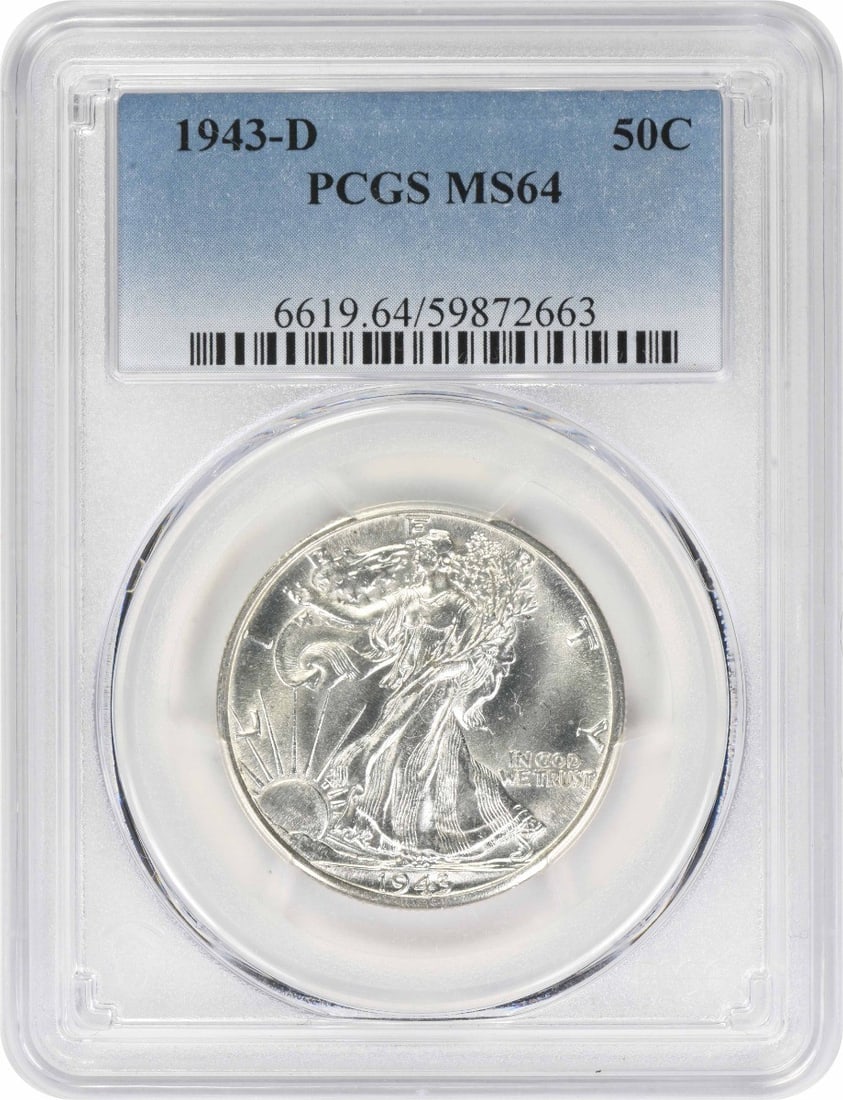 PCGS MS64 1943-D Liberty Walking 50C Silver Half Dollar: PCGS MS64 1943-D Liberty Walking 50C Silver Half Dollar 1943-D Walking Liberty silver half dollar certified by PCGS and graded MS64. This uncirculated United States 50C coin is a pre-owned example of 