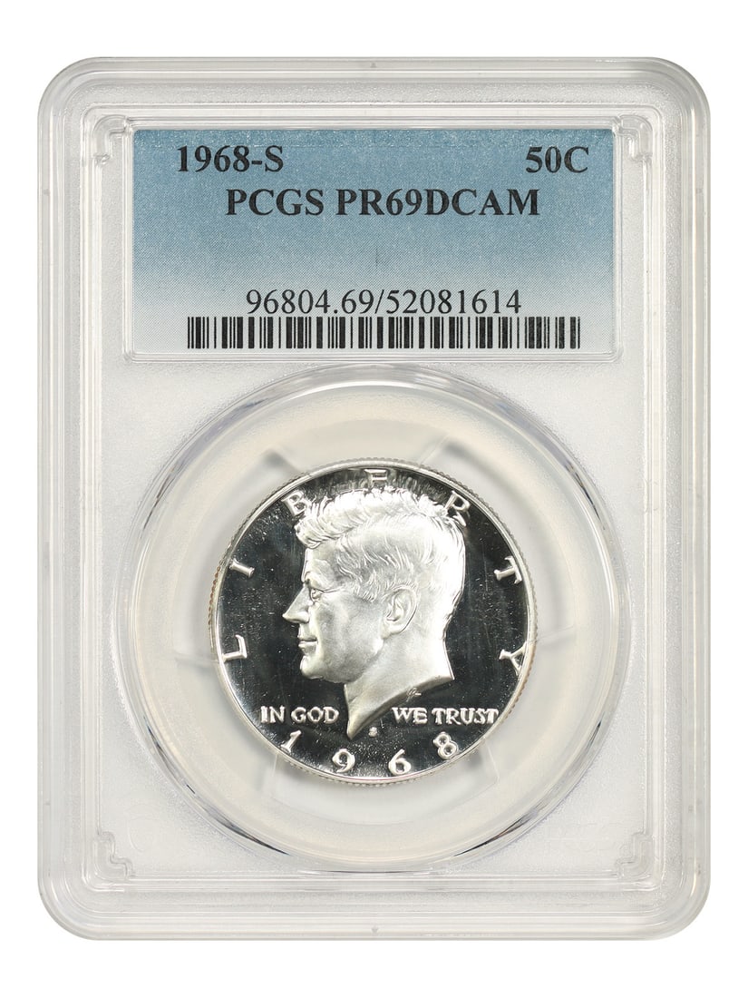 PCGS PR69DCAM 1968 S Kennedy Half Dollar 50C: PCGS PR69DCAM 1968 S Kennedy Half Dollar 50C 1968-S Kennedy Half Dollar certified by PCGS as PR69DCAM. This uncirculated pre-owned coin is a 50C issue from the San Francisco Mint. Specifications Denom