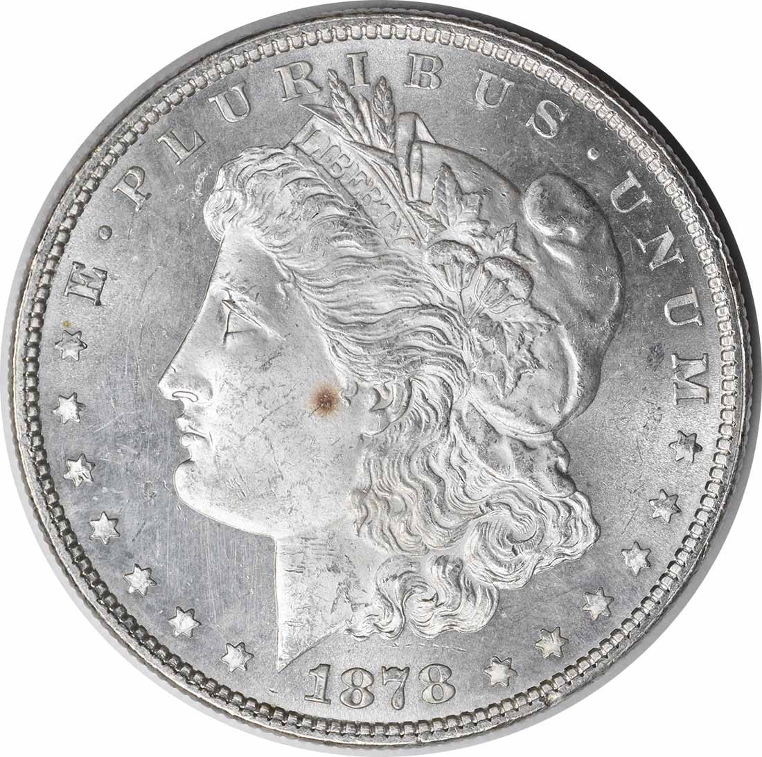 1878 Silver Dollar Morgan 7 Over 8 Tail Feathers Choice BU Uncirculated: 1878 Silver Dollar Morgan 7 Over 8 Tail Feathers Choice BU Uncirculated This is a 1878 Morgan Silver Dollar featuring the 7/8 Tail Feathers variety. The coin is uncirculated and graded as Choice Brill