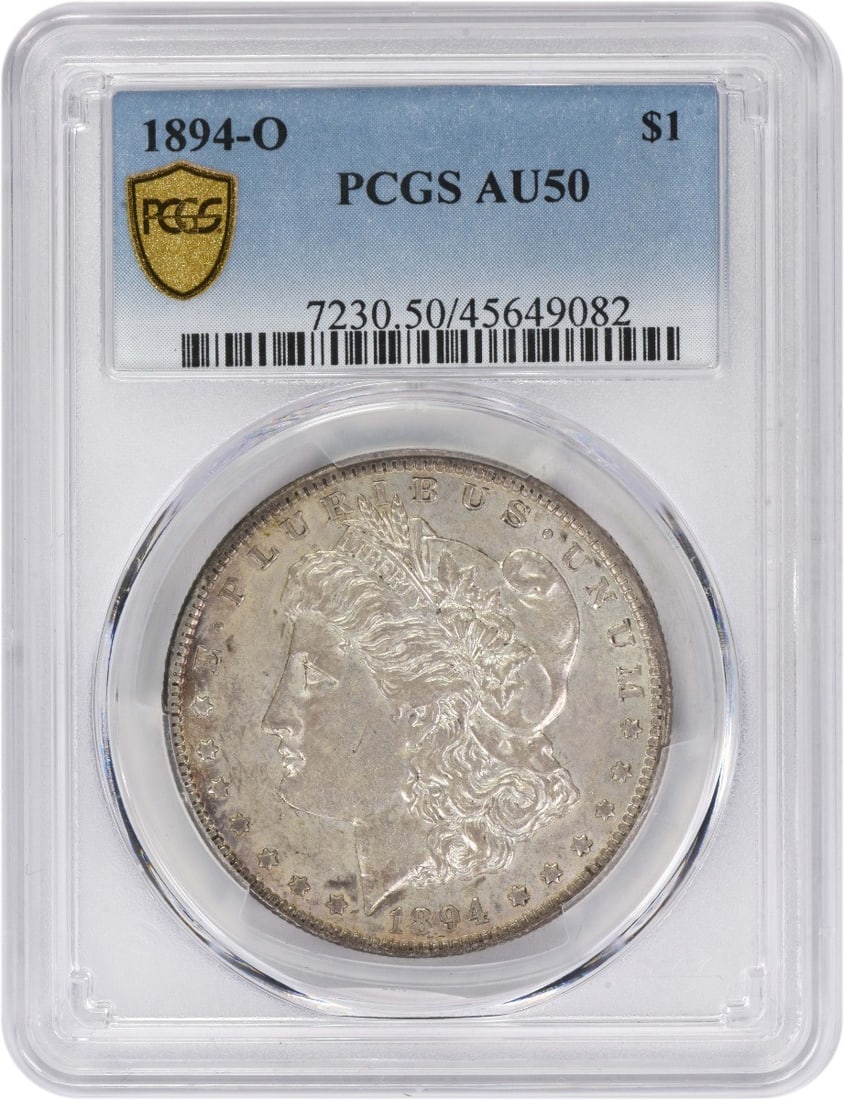 PCGS AU50 1894 New Orleans Morgan Dollar 90 Percent Silver: PCGS AU50 1894 New Orleans Morgan Dollar 90 Percent Silver This 1894-O Morgan Silver Dollar is graded AU50 by PCGS. Minted in New Orleans, this circulated coin features a composition of 90% silver and