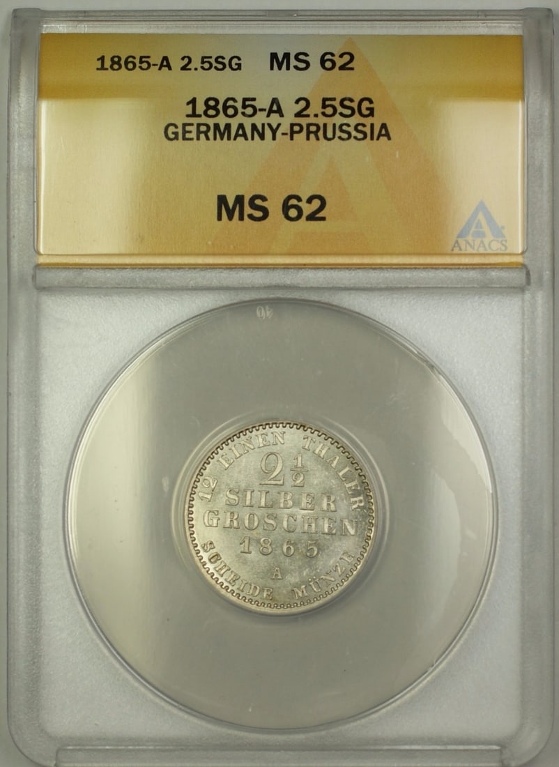 ANACS MS-62 1865-A Germany-Prussia 2.5SG Silver Groschens Coin: ANACS MS-62 1865-A Germany-Prussia 2.5SG Silver Groschens Coin 1865-A Germany-Prussia 2.5SG silver Groschens coin graded MS 62 by ANACS. This uncirculated pre-owned coin is a certified example from Ge