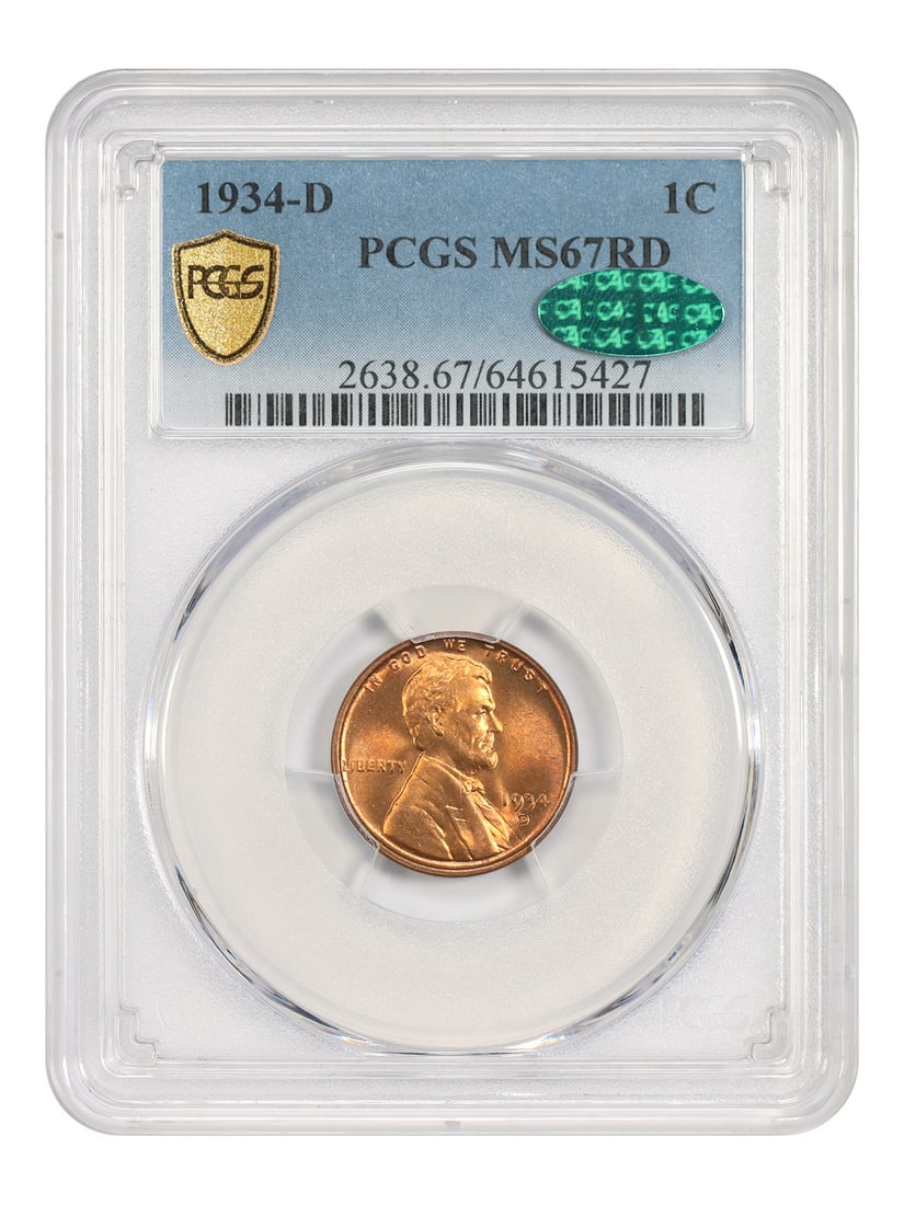 PCGS CAC 1934-D Lincoln Wheat Cent MS67RD Red: PCGS CAC 1934-D Lincoln Wheat Cent MS67RD Red 1934-D Lincoln Cent with Wheat Reverse, certified by PCGS and bearing a CAC sticker. PCGS reports none numerically finer. This uncirculated example is des
