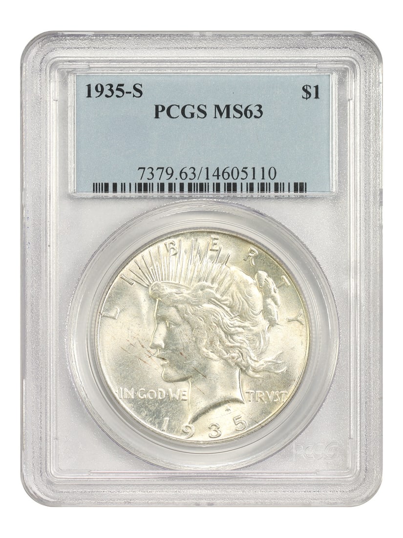 PCGS MS63 1935-S Peace Dollar $1 San Francisco Mint: PCGS MS63 1935-S Peace Dollar $1 San Francisco Mint 1935-S $1 Peace Dollar certified by PCGS and graded MS63. This uncirculated coin is from the final year of the Peace Dollar series and was struck at