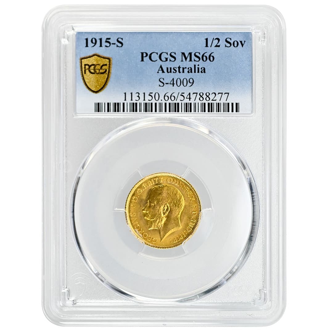 Australia 1915-S Gold 1/2 Sovereign George V PCGS MS65+: Australia 1915-S Gold 1/2 Sovereign George V PCGS MS65+ Australia 1915-S 1/2 Sovereign featuring George V, graded PCGS MS65+ and noted as a low population issue. This pre-owned gold coin is listed as 