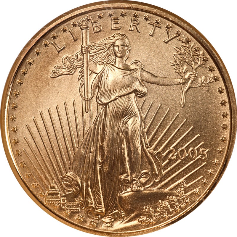 NGC MS70 2005 $10 Gold Eagle Coin with Brown Label: NGC MS70 2005 $10 Gold Eagle Coin with Brown Label This 2005 Gold American Eagle $10 coin is graded MS70 by NGC, designating it as a coin in perfect uncirculated condition. It features a brown NGC lab