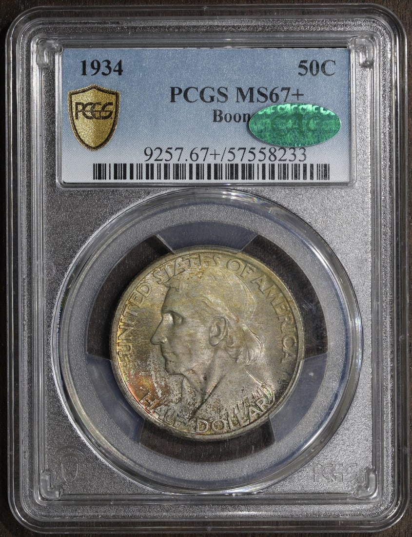 Boone 1934 Silver Half Dollar MS67 Plus PCGS CAC Certified: Boone 1934 Silver Half Dollar MS67 Plus PCGS CAC Certified This 1934 Boone Commemorative Half Dollar is a United States coin struck in silver with a fineness of 0.9. Certified by PCGS and CAC, it is g