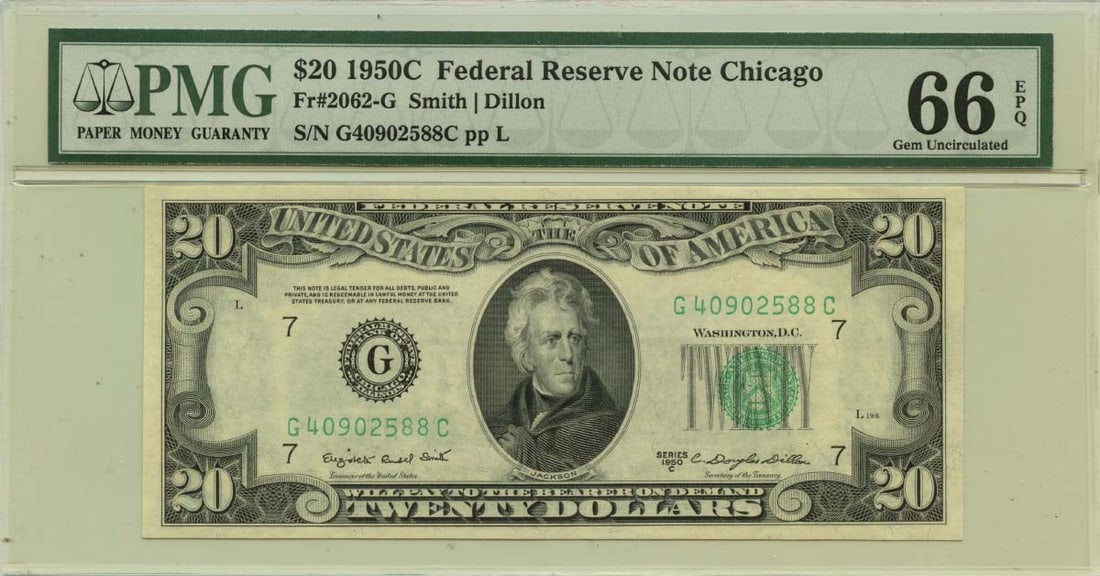 1950 $20 Federal Reserve Note Chicago Fr# 2062-G PMG Gem 66 EPQ: 1950 $20 Federal Reserve Note Chicago Fr# 2062-G PMG Gem 66 EPQ This 1950C $20 Federal Reserve Note from the Chicago district is certified by PMG with a grade of Gem 66 EPQ, indicating its excellent c