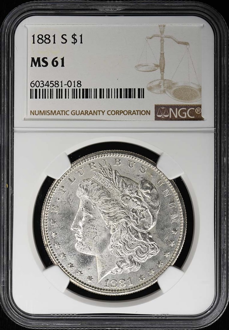 NGC MS61 1881-S United States Morgan Dollar: NGC MS61 1881-S United States Morgan Dollar 1881-S Morgan Dollar certified by NGC and graded MS61. This uncirculated United States silver dollar is a pre-owned example of the Morgan Dollar series. Spe