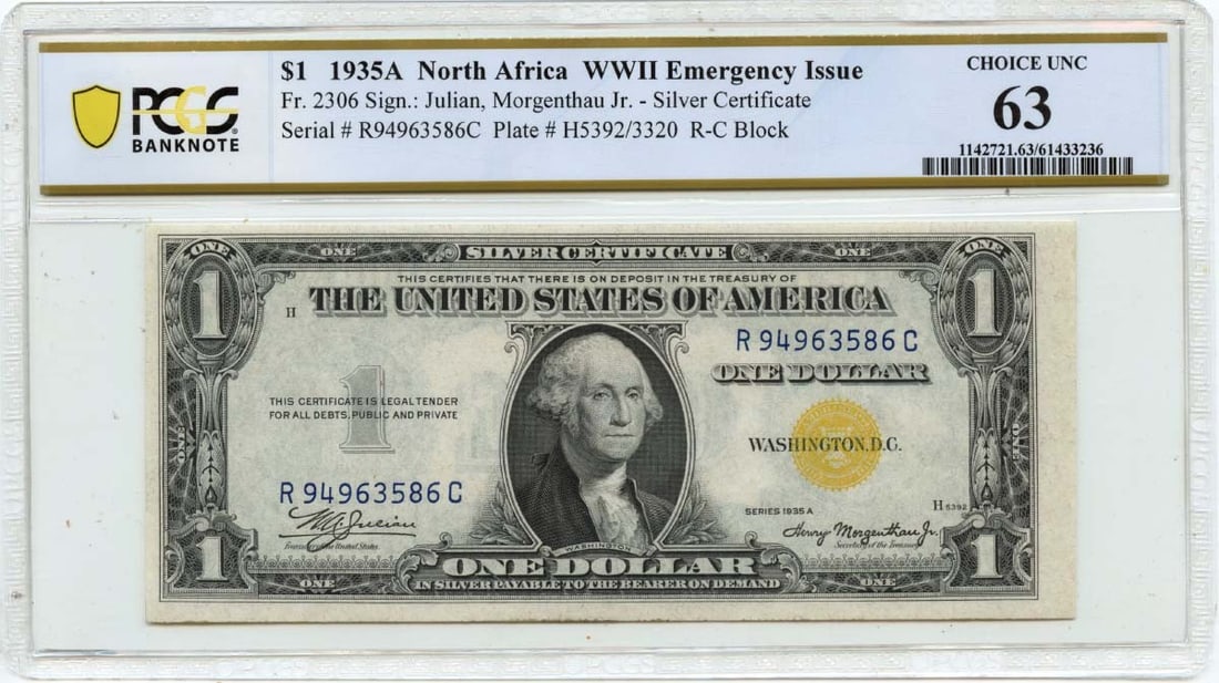 1935A North Africa $1 Silver Certificate PCGS MS63 FR2306: 1935A North Africa $1 Silver Certificate PCGS MS63 FR2306 This 1935A $1 Silver Certificate from North Africa, issued during World War II, is graded MS63 by PCGS Banknote. The note remains in uncircula