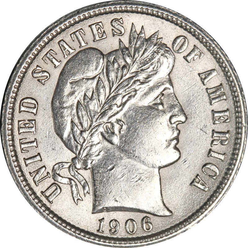 United States 1906 P Barber silver dime coin: United States 1906 P Barber silver dime coin 1906-P Barber Dime in circulated condition. The coin is uncertified, composed of silver with 0.9 fineness, and dated 1906. It is pre-owned and from the Uni