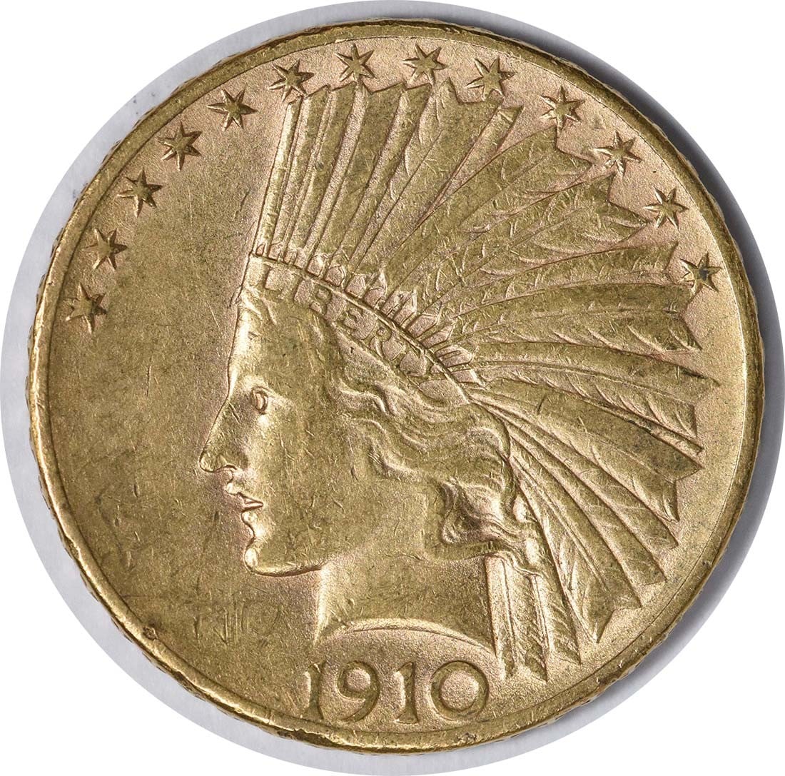 1910-D $10 Gold Indian Coin by Augustus Saint Gaudens AU Uncertified: 1910-D $10 Gold Indian Coin by Augustus Saint Gaudens AU Uncertified This 1910-D $10 Gold Indian coin, designed by Augustus Saint Gaudens, is a remarkable piece from the Pre-1933 era. With a compositi