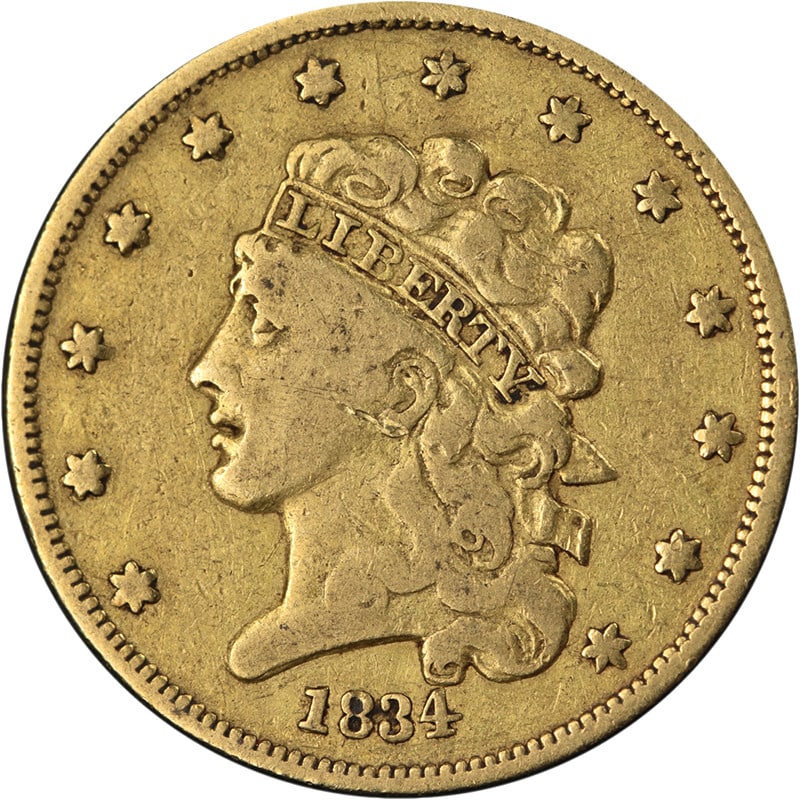 1834 United States Classic Head $5 Gold Coin Plain 4 F/VF: 1834 United States Classic Head $5 Gold Coin Plain 4 F/VF An original 1834 Classic Head Gold $5 Plain 4 coin with nice eye appeal and a nice strike. It shows nice color and nice surfaces, honest even 