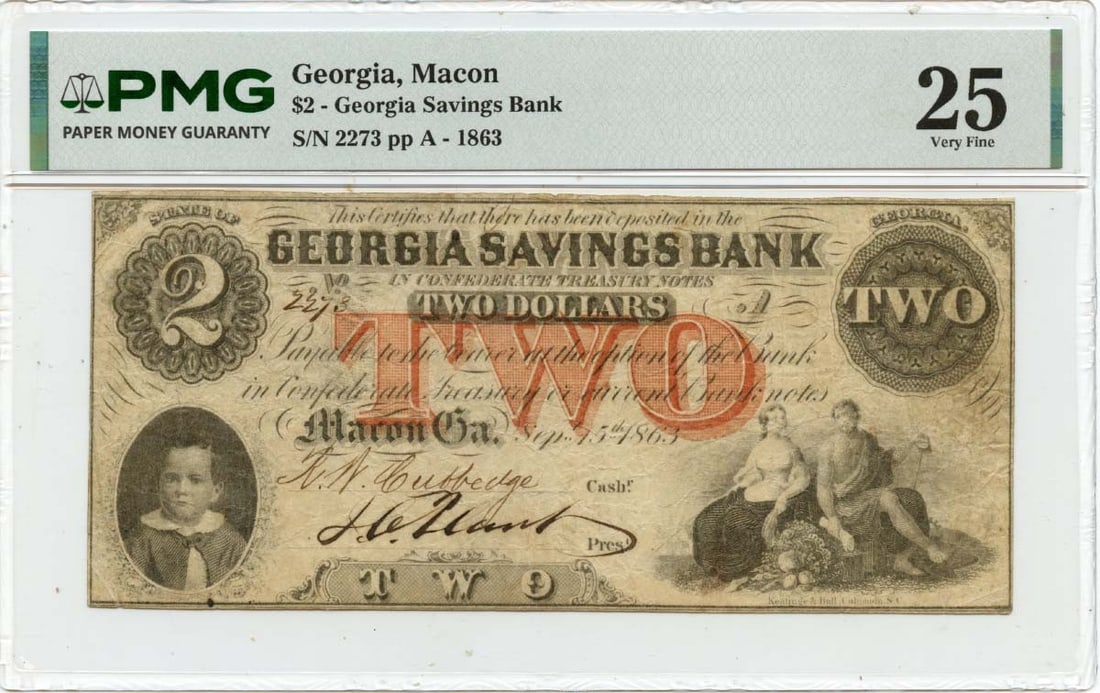 PMG VF25 1863 Georgia Savings Bank Macon GA $2 Obsolete Note (1 of 2)